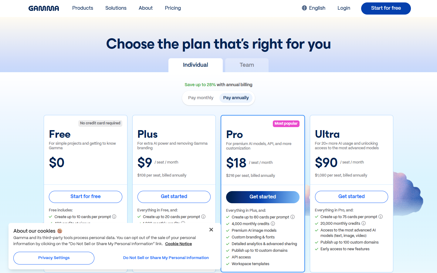 Gamma Pricing Page - Plans and Prices