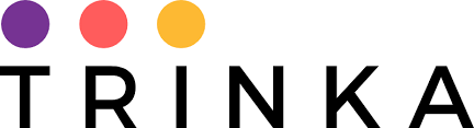 Trinka is written in large black letters on a white background with three large dots on the right side (purple, orange-pink, and yellow).