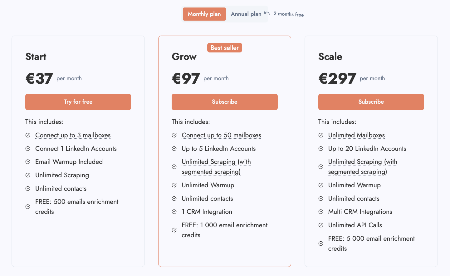 Description of Emelia.io subscription prices
