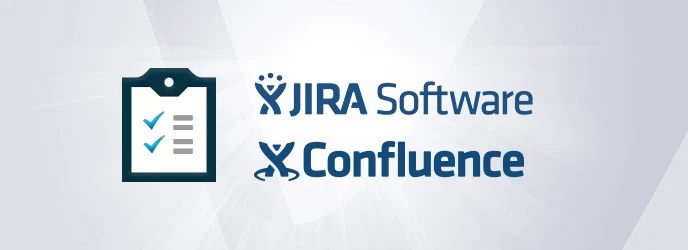 Jira et Confluence ecris en bleu fonce sur fond blanc et gris et a cote une check list