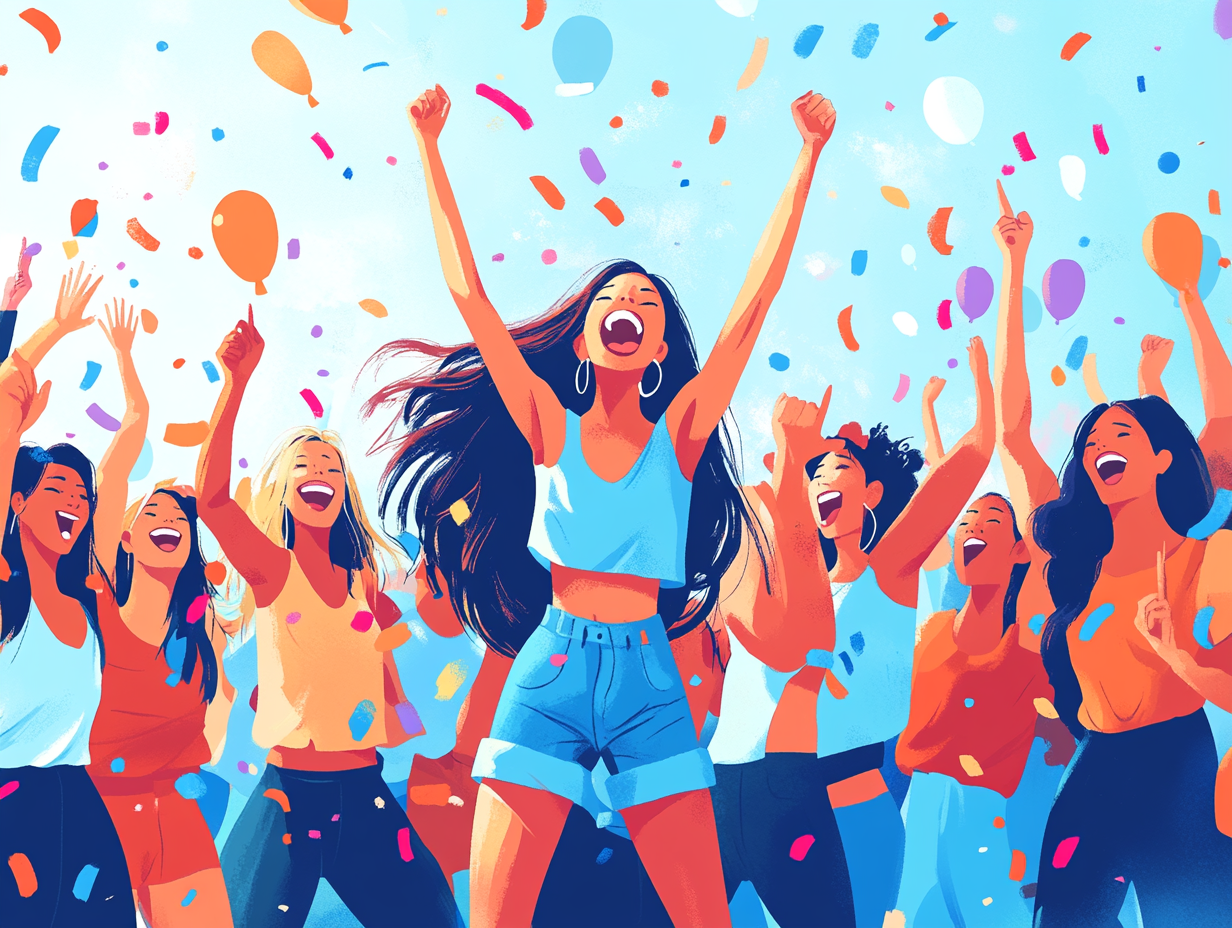 Illustration of several happy people raising their arms in the air and celebrating.