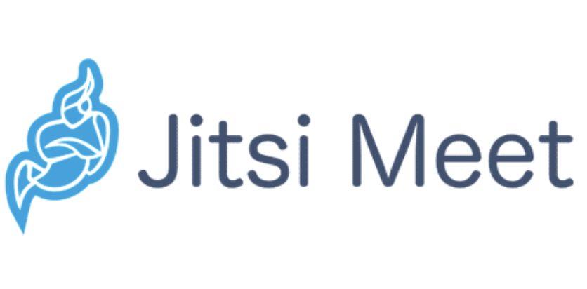Jitsi Meet is written in black on a white background with a light blue logo next to it.