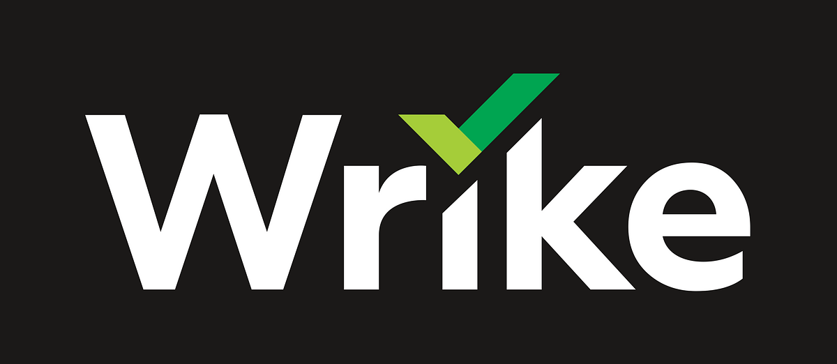 Wrike is written in white on a black background with a small green symbol on the I.