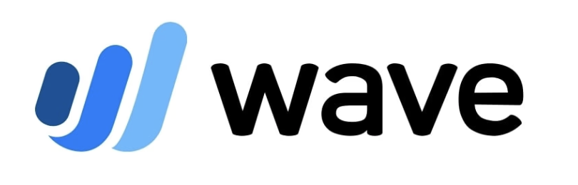 Wave written in black on a white background with a logo on the left side in three different shades of blue representing waves.