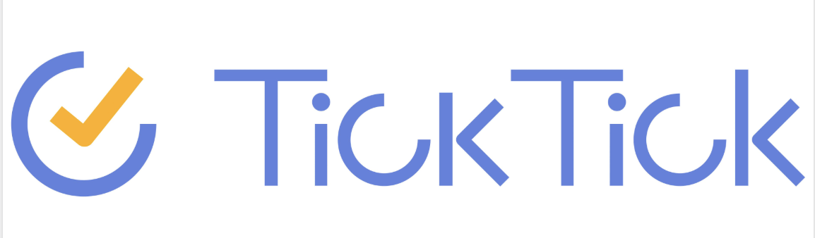 TickTick written in blue on a white background with a blue and yellow clock on the left side