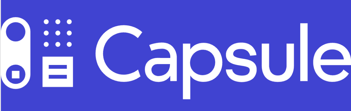 Capsule written in white on a purple background with a small white logo on the side