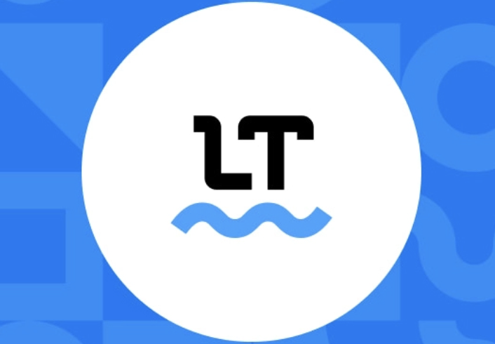 LT in black above a blue wave in a white circle on a blue background