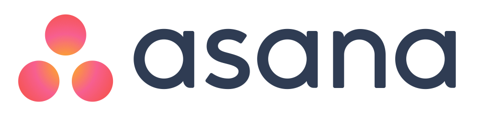 
Asana written in black on a white background with three large pink and orange dots next to it.