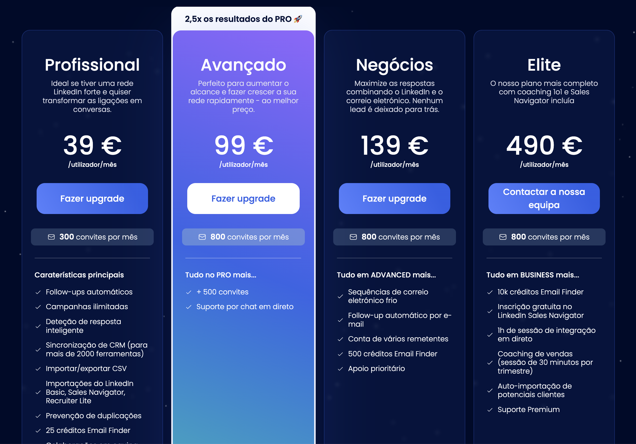 Captura de tela dos preços do Waalaxy