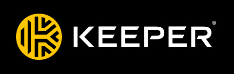
Keeper written in white on a black background with a yellow logo next to it.