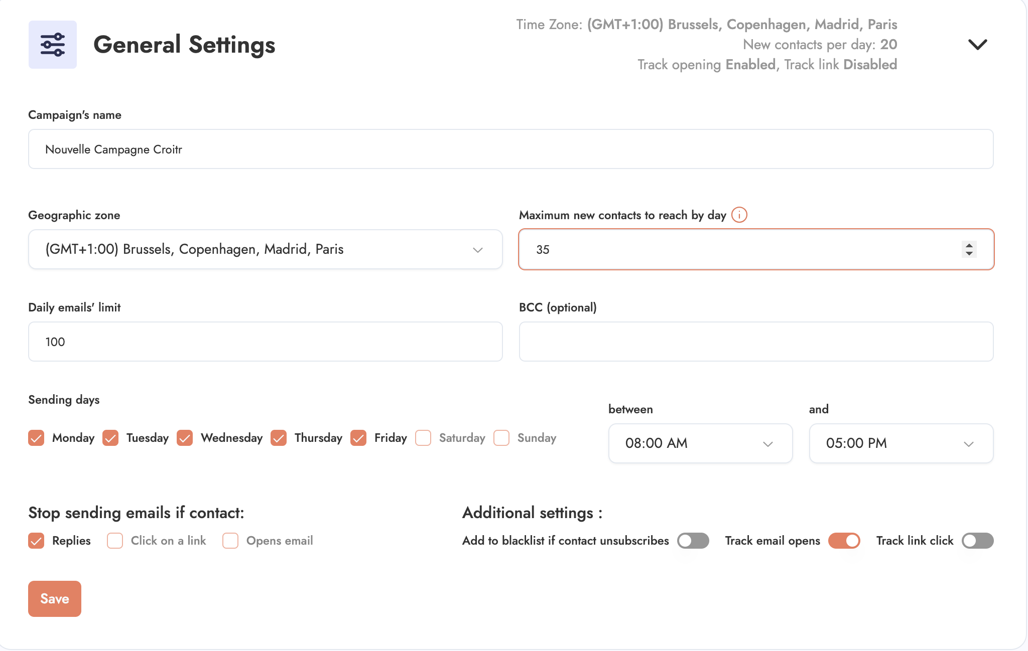 Screenshot showing how to configure the number of contacts per day