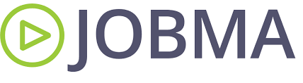 Logo in the shape of the PLAY symbol (circle with a triangle inside) and Jobma written in gray, all on a white background.