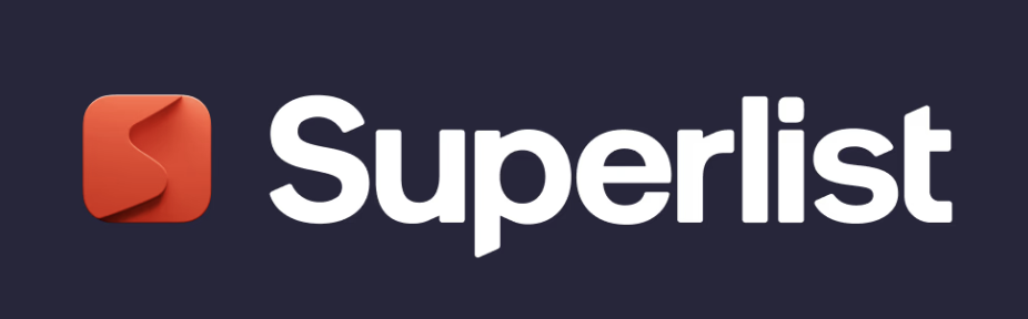 Superlist written in white on a navy blue background with a red square logo on the left side.