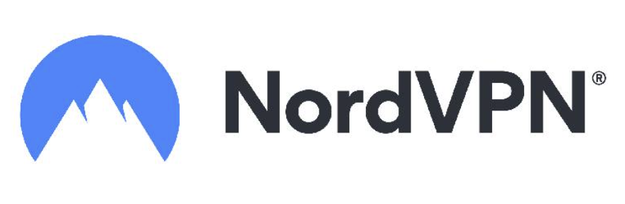 NordVPN written in black on a white background with a blue logo representing a mountain