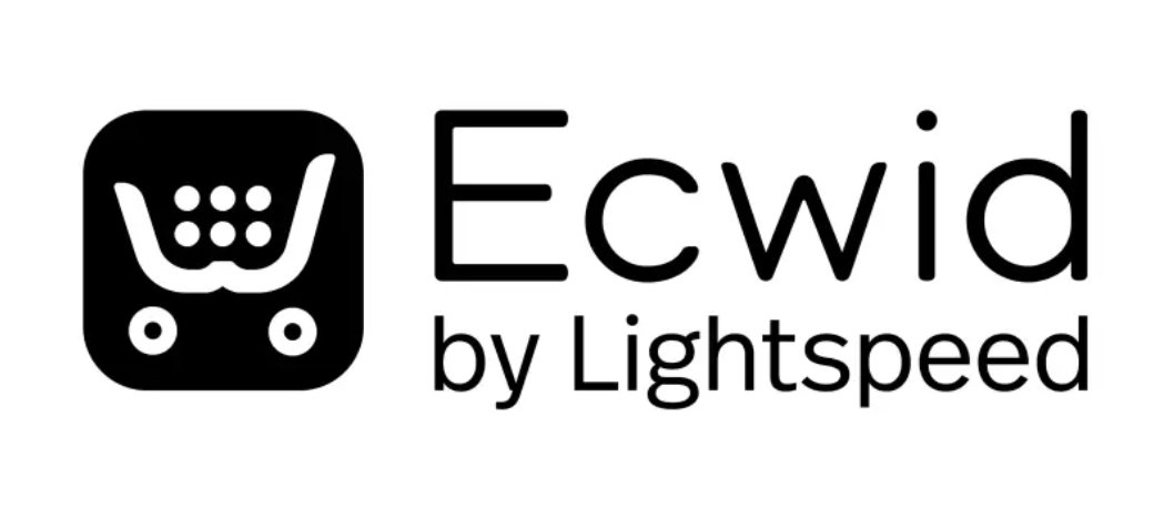 
Ecwid by Lightspeed is written in black on a white background with a small supermarket shopping cart next to it.