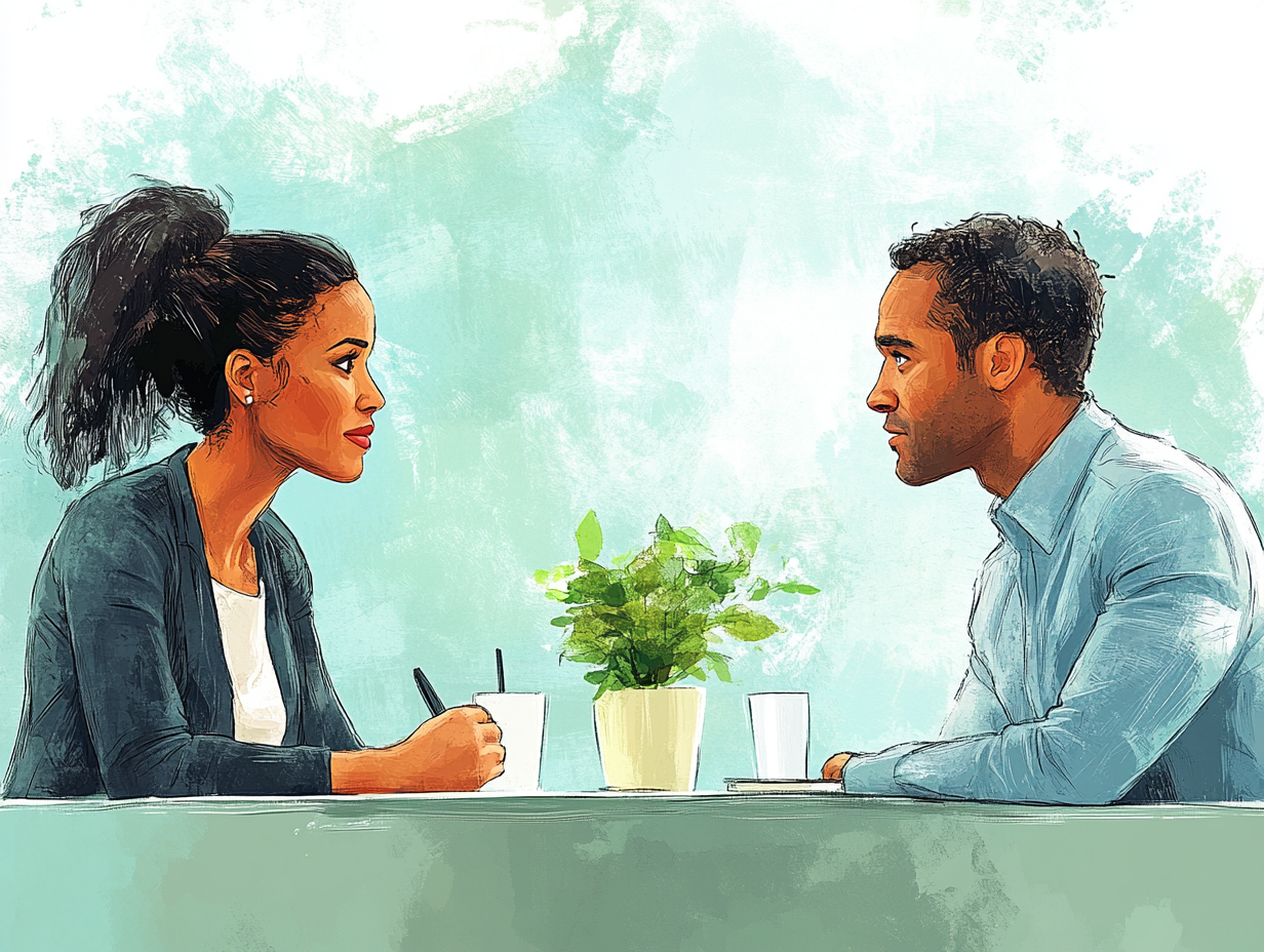 Illustration d'un homme et une femme assis se regardant dans les yeux