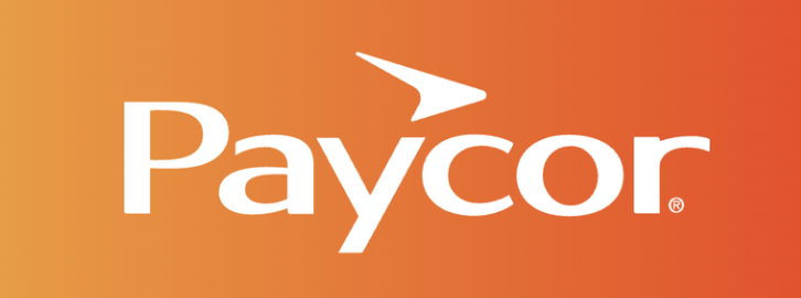Paycor written in white on a light orange to dark orange and red gradient background