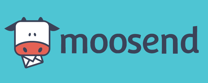 Small cow head drawn and “moosend” written in black on a blue-green background.