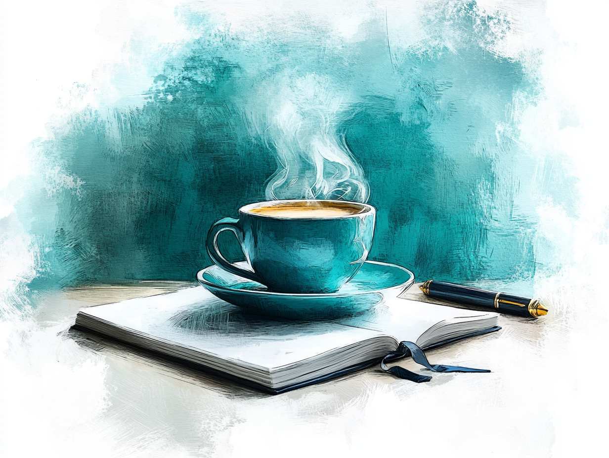 Steaming coffee cup resting on a book