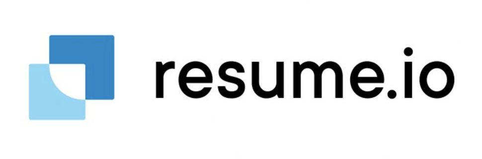 
Resume.io writes in black on a white background with two overlapping squares in light blue and dark blue next to it.