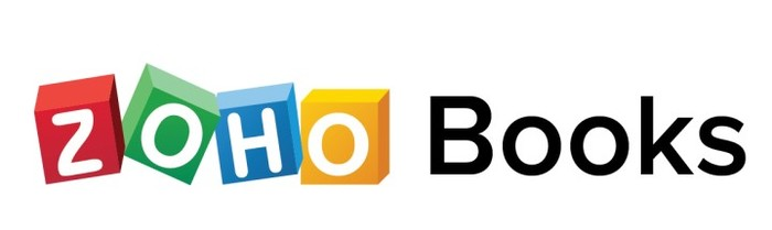 Each letter of ZOHO written in a different colored cube (yellow, red, green, and blue) and next to it, write Books in black, all on a white background.