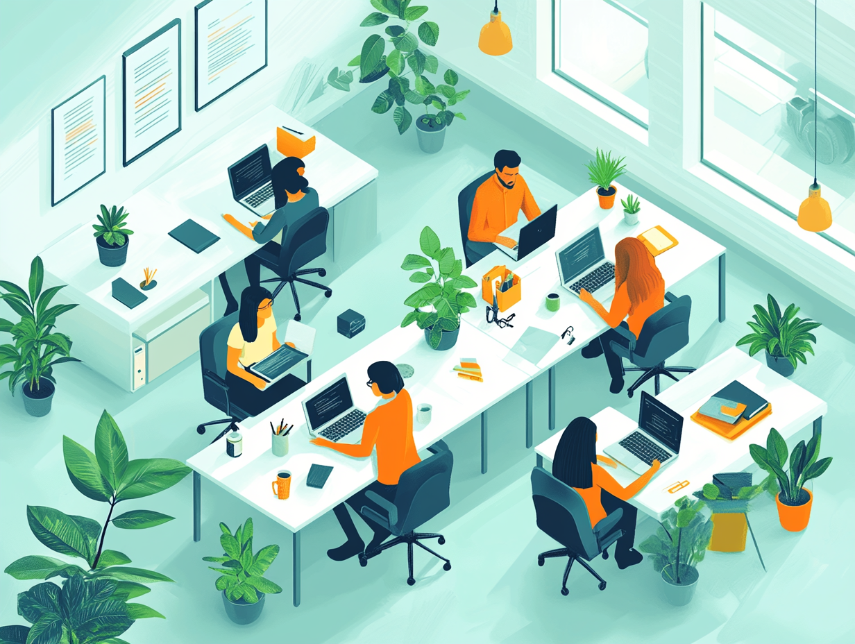 Illustration of a spacious office with several people working on their computers.