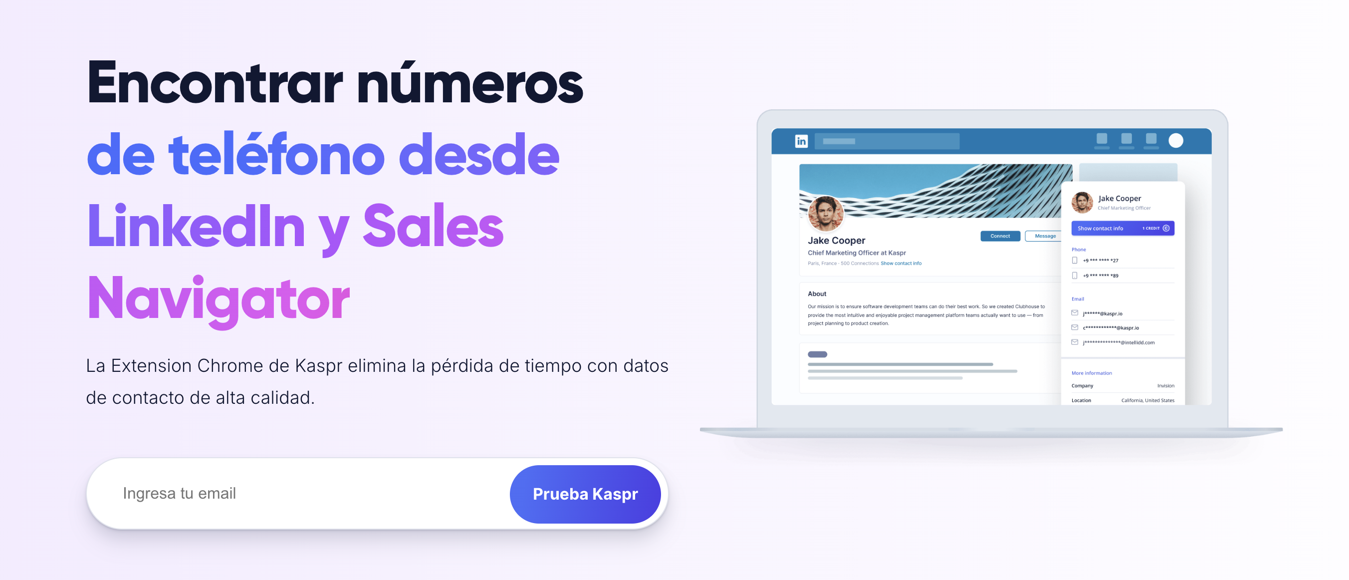 Captura de pantalla de la página web de Kaspr sobre la extensión de Chrome.