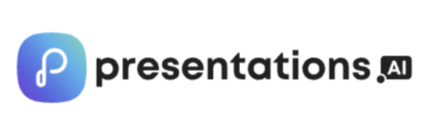 Presentation.ai written in black on a white background with a P in a purple and blue gradient square on the left side.
