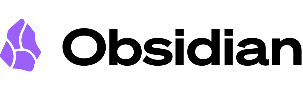 Obsidian written in black on a white background with a purple logo next to it.