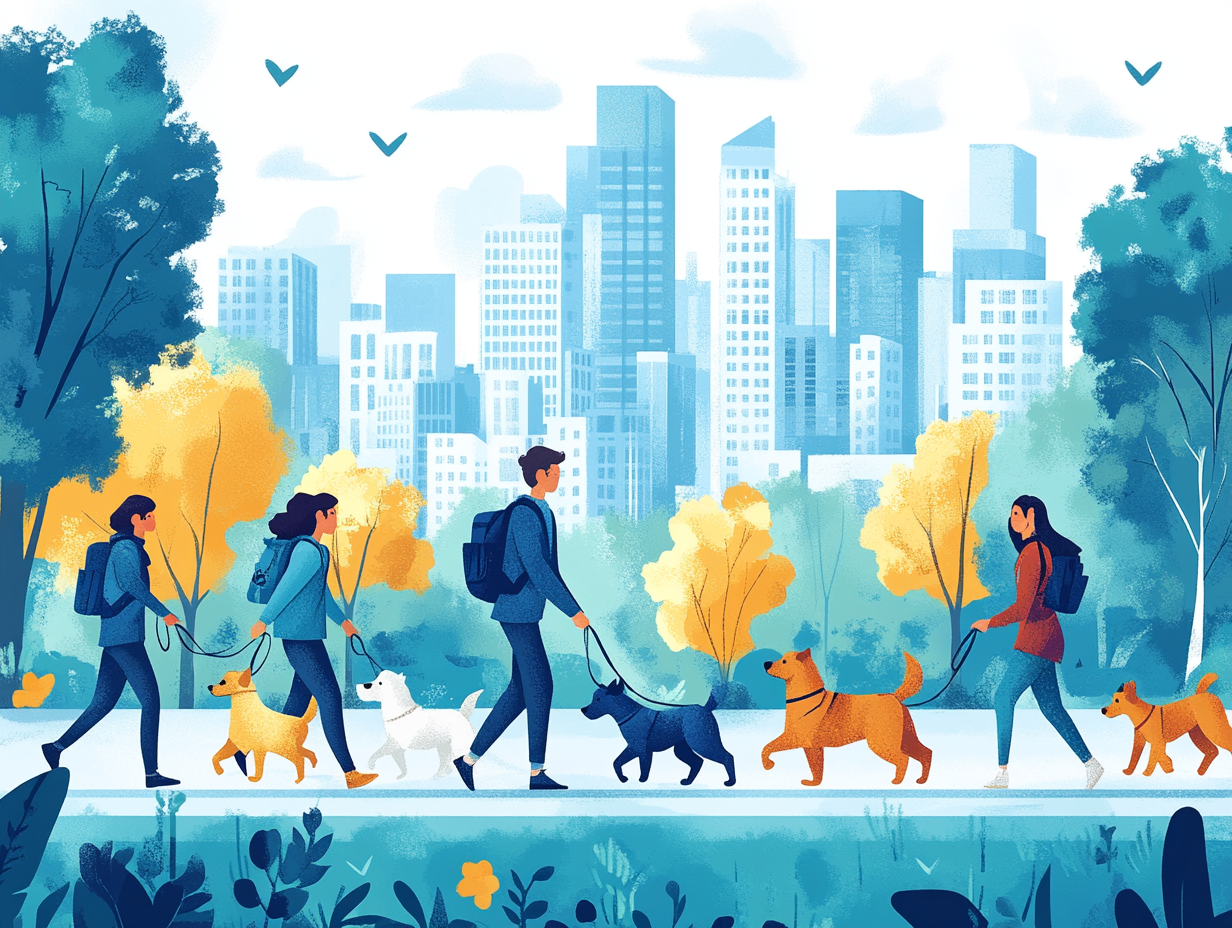 Illustration of several people in a park holding one or more dogs on leashes.