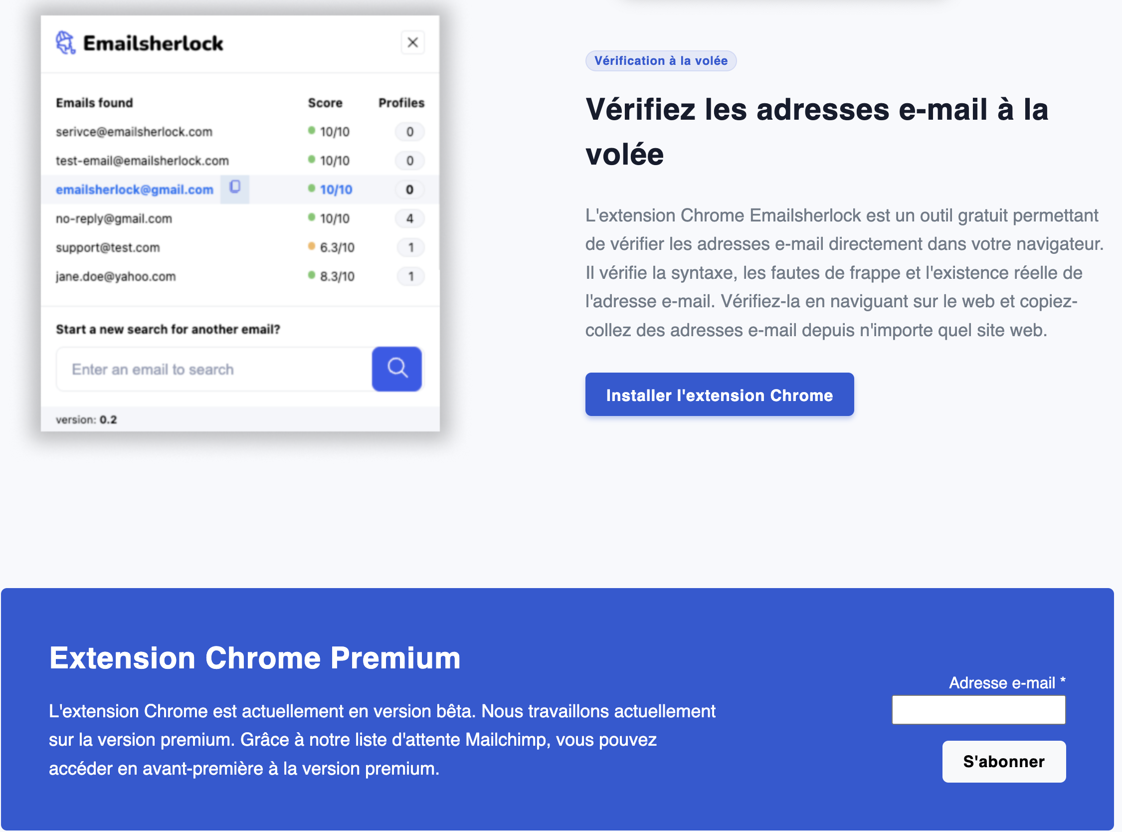 Capture d'ecran de l'extension chrome d'Emailsherlock