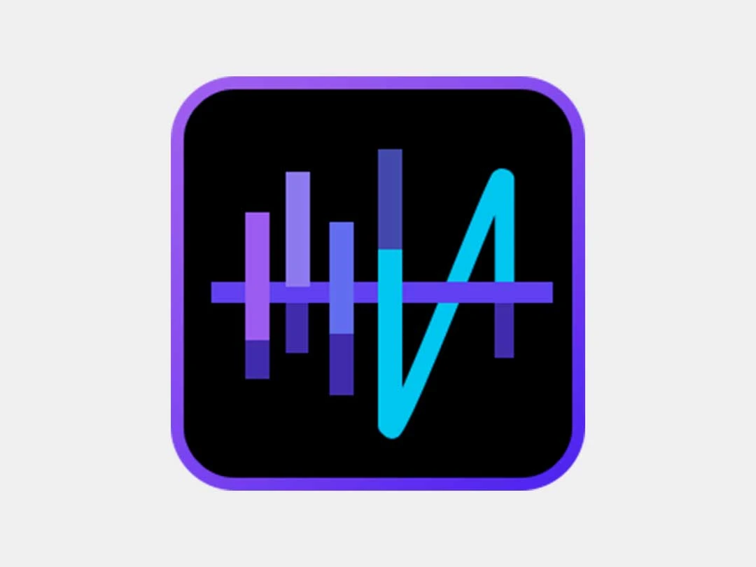 Gradient logo in purple and light blue on a black background