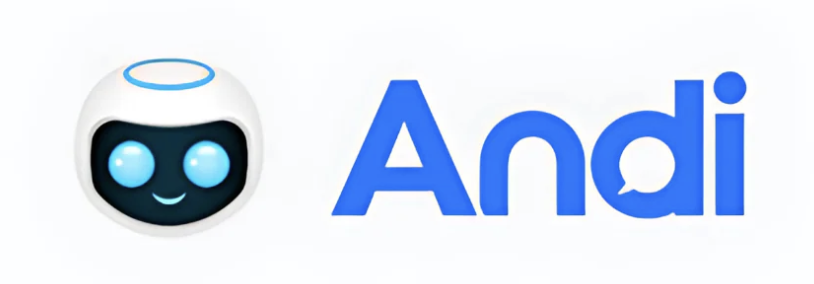 Andi’ está escrito em azul elétrico, e à esquerda há uma cabeça de robô desenhada