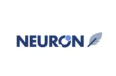 Neuron written in dark blue on a white background with a gray feather next to it