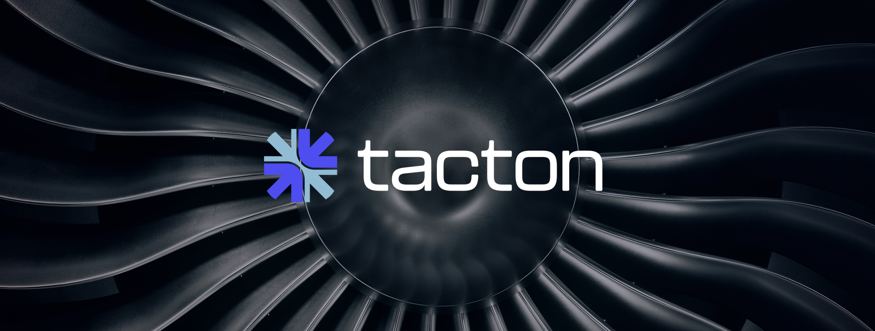 Purple and light gray logo with Tacton written in white, all on a black background.
