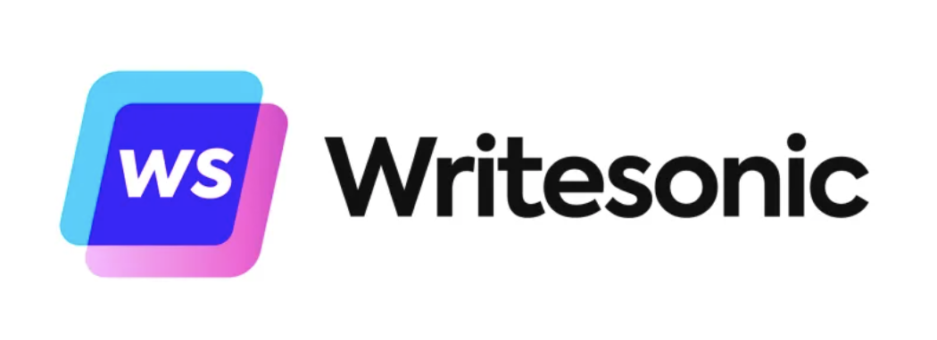 Writesonic writes in black on a white background and on the left side a W and an S in pink, light blue, and blue squares.