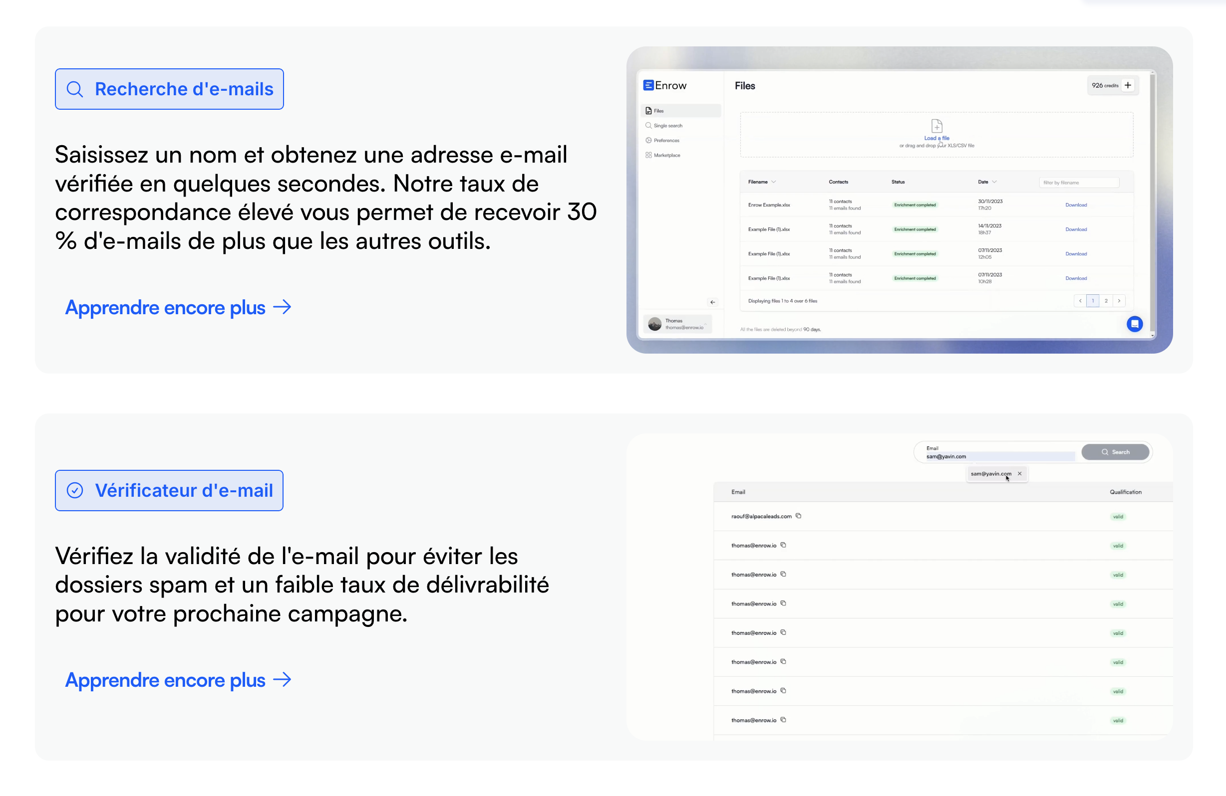 Capture d'ecran des fonctionnalités d'Enrow