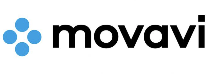 Movavi written in black on a white background with four large blue dots next to it.