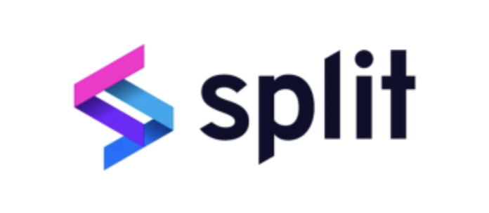Split, write in black and on the left a pink, blue, and purple logo, all on a white background.
