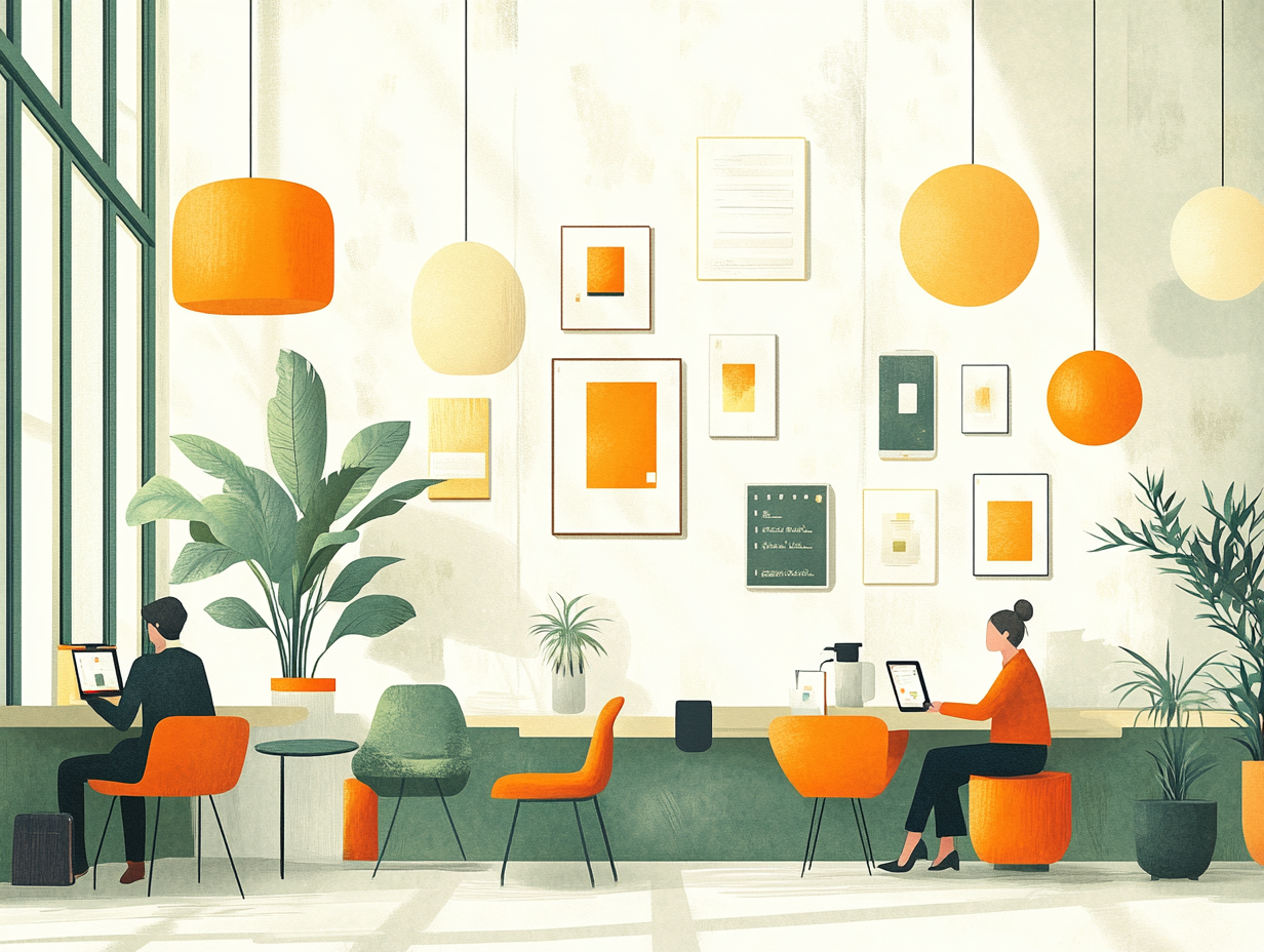 Illustration d'un co working avec 2 personnes à des emplacements plutot espacés l'un de l'autre