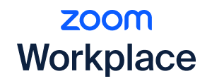 Zoom ecris en bleu petant et workplace en noir sur fond blanc