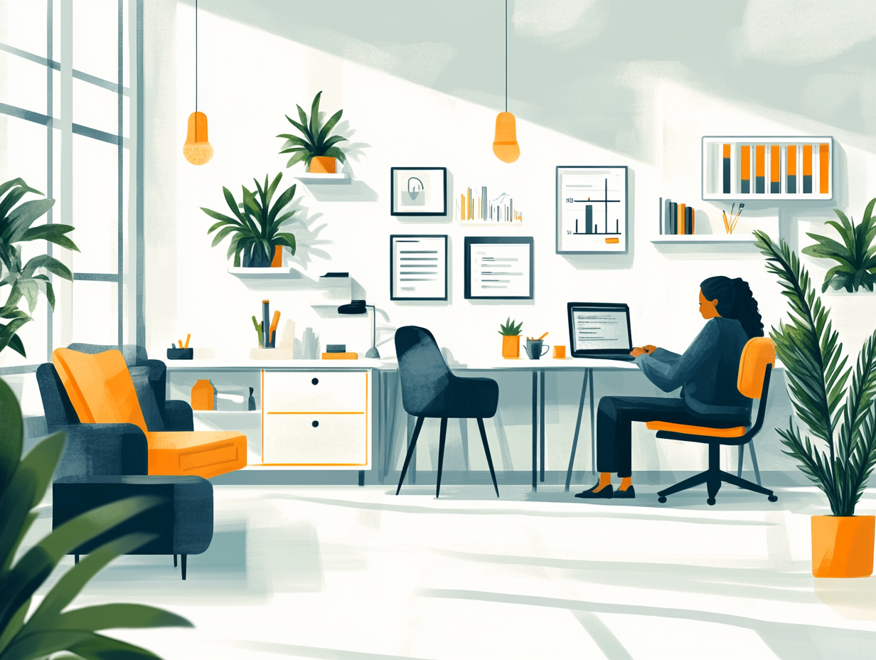 Illustartion d'une femme assise devant son ordinateur dans un bureau épuré.