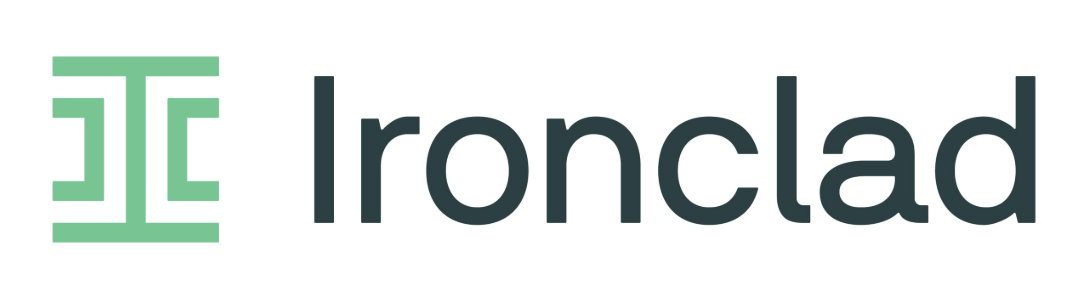 Square green logo and Ironclad written in black on a white background