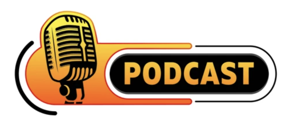 A microphone drawn in black, yellow and orange, whith PODCAST written in orangeon the wright on a black backround