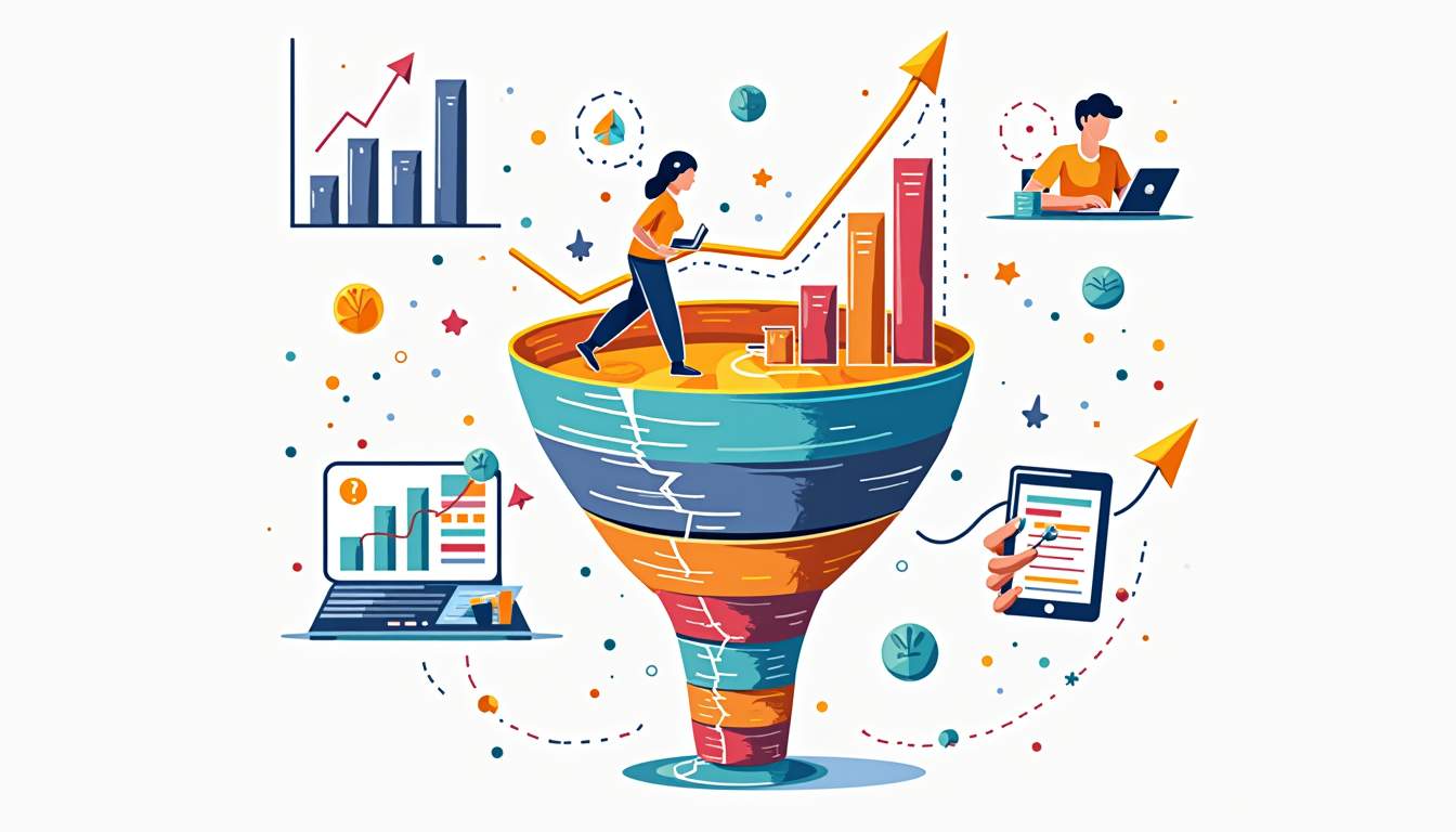 Drawing of a funnel with a woman inside and a graph, surrounded by a telephone, a computer, a graph, and a woman on a computer.