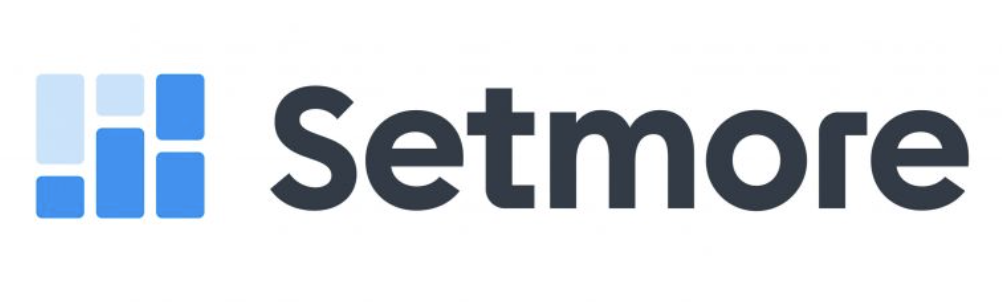 Setmore written in black on a white background with a square blue and light blue logo on the left side.
