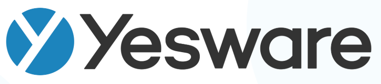 Logotipo azul e branco em forma de Y e Yesware ao lado escrito em preto, tudo sobre fundo branco.