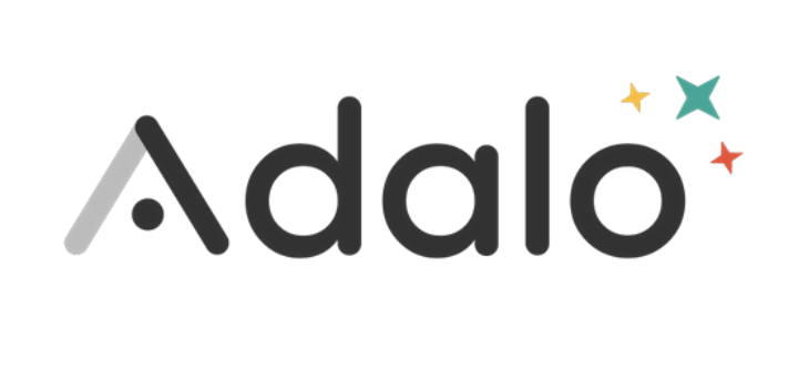 Adalo ecris en noir en tgris sur fond blanc avec 3 etoiles de couleur