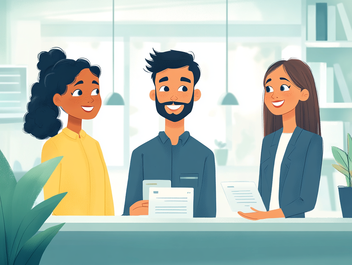Illustration of two women and a man smiling.