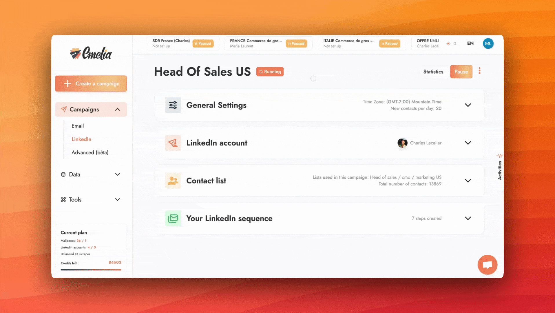 Campanha no LinkedIn com Emelia